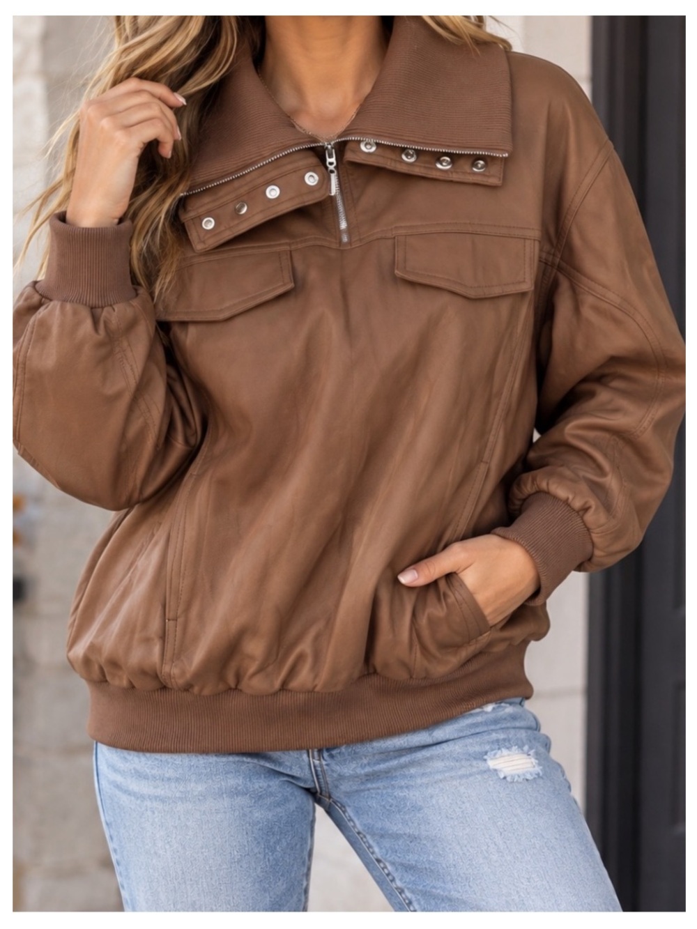 NWT JJs FAIRYLAND Faux Leather 1/4 Zip Jacket in Light Brown - see measurements